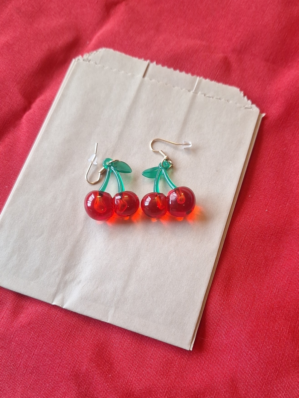 Source Unknown Red and Green Cherry Dangle Earrings 1" H/W